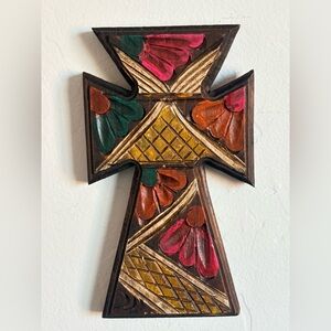 Vintage Mexican Hand painted Wood Cross